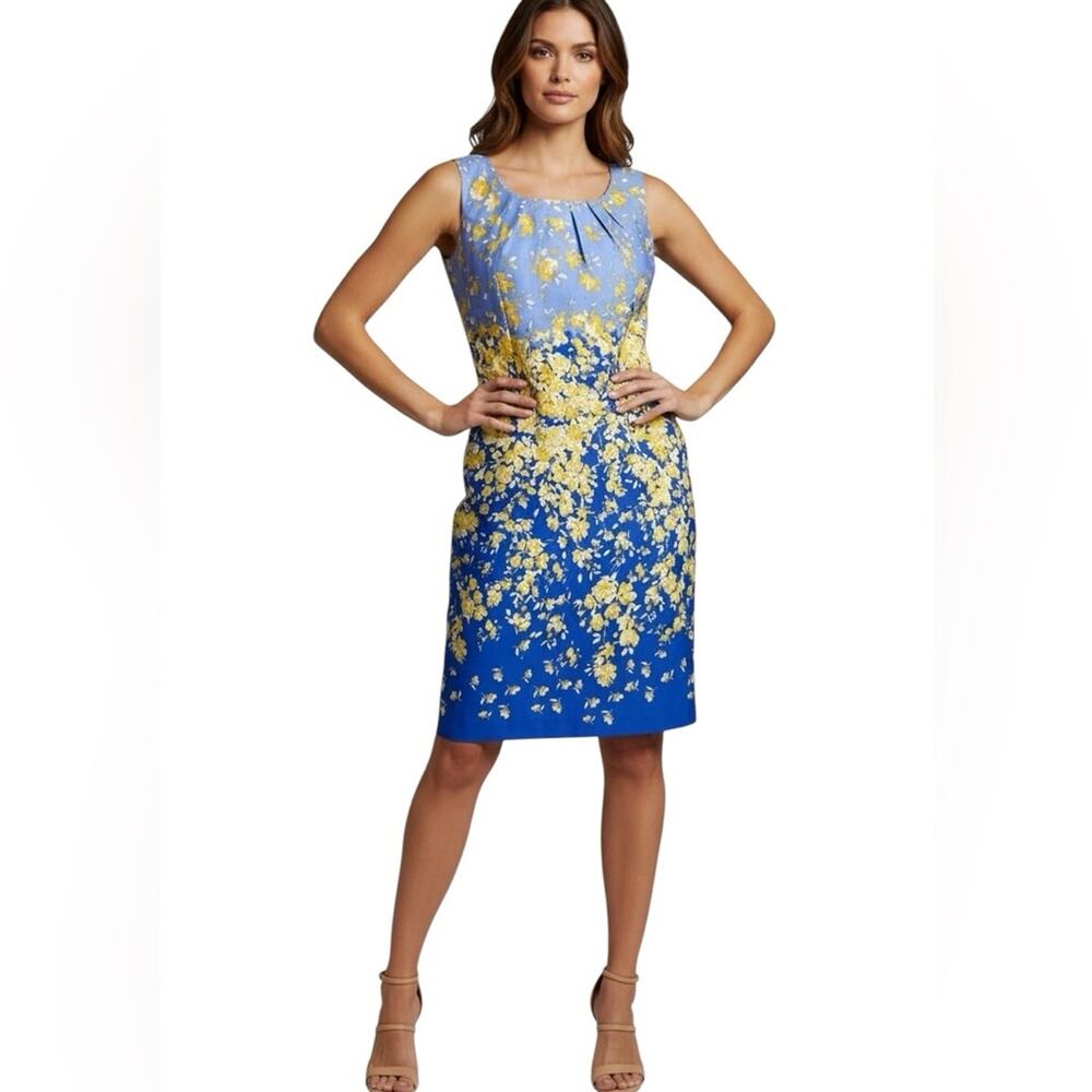 Chetta B Floral Pleated Sheath Dress Blue & Yellow Sleeveless Size 14